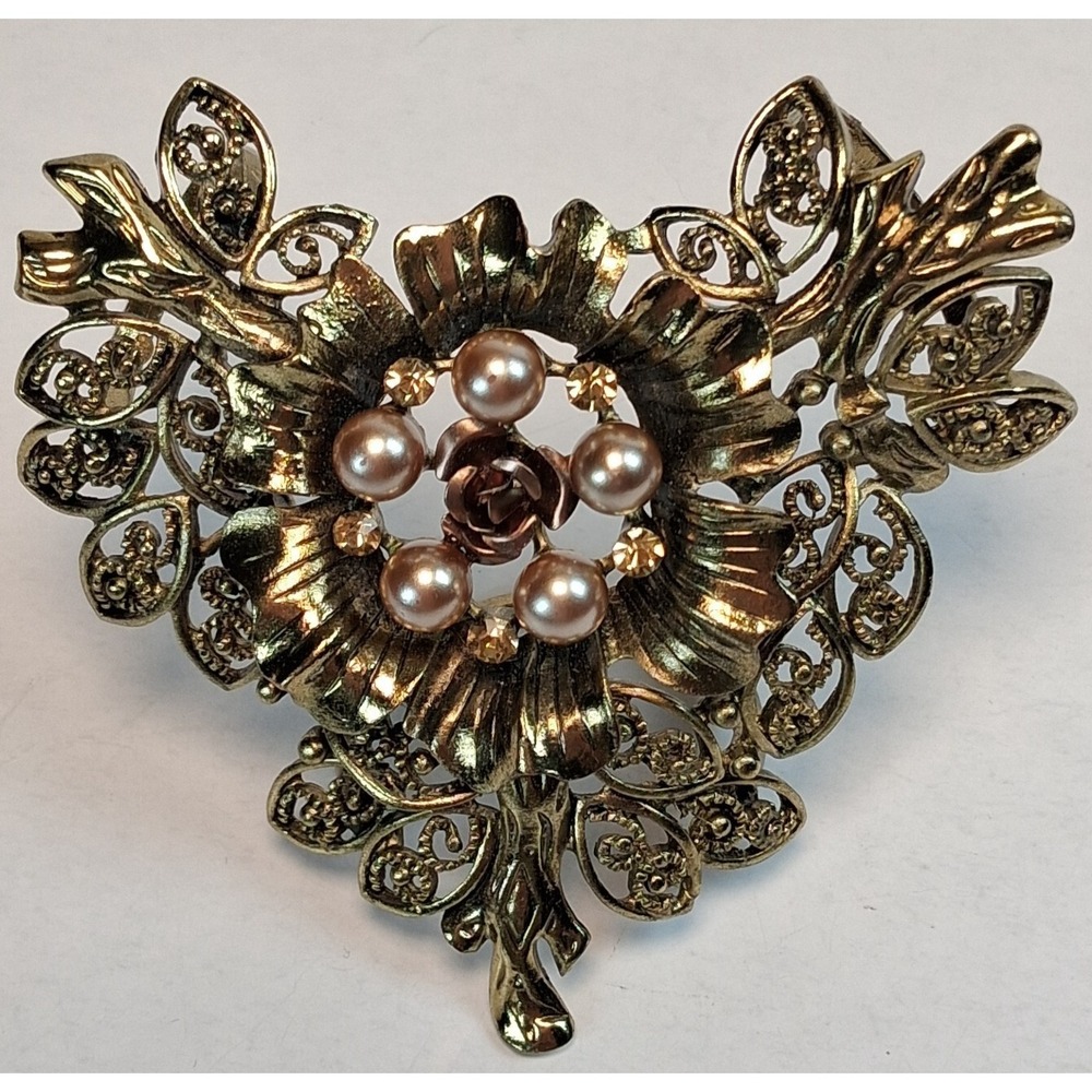 Vintage GB Signed Scarf Clip Gold Tone Victorian Revival Faux Pearl Rose Floral